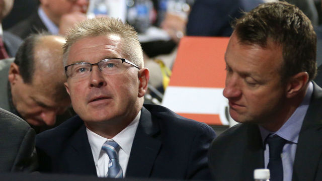CHICAGO, IL - JUNE 24: (L-R) Director of Amateur Scouting Mark Yannetti, assistant general manager Mike Futa and general manager Rob Blake of the Los Angeles Kings attend the 2017 NHL Draft at United Center on June 24, 2017 in Chicago, Illinois.
