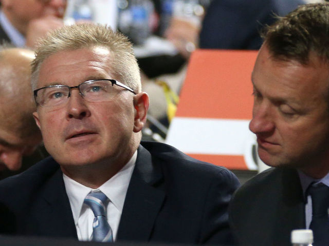 CHICAGO, IL - JUNE 24: (L-R) Director of Amateur Scouting Mark Yannetti, assistant general manager Mike Futa and general manager Rob Blake of the Los Angeles Kings attend the 2017 NHL Draft at United Center on June 24, 2017 in Chicago, Illinois.