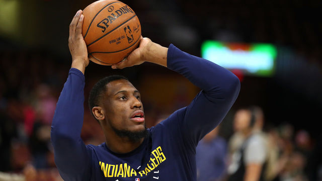 CLEVELAND, OH - APRIL 25: Thaddeus Young #21 of the Indiana Pacers warms up prior to playing the Cleveland Cavaliers in Game Five of the Eastern Conference Quarterfinals during the 2018 NBA Playoffs at Quicken Loans Arena on April 25, 2018 in Cleveland, Ohio.