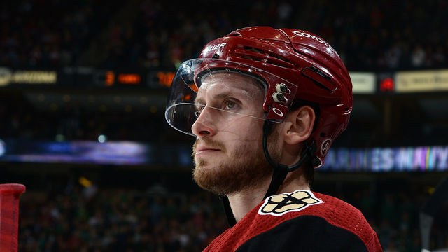 GLENDALE, AZ - FEBRUARY 22: Oliver Ekman-Larsson #23 of the Arizona Coyotes looks on from the bench against the Calgary Flames at Gila River Arena on February 22, 2018 in Glendale, Arizona.