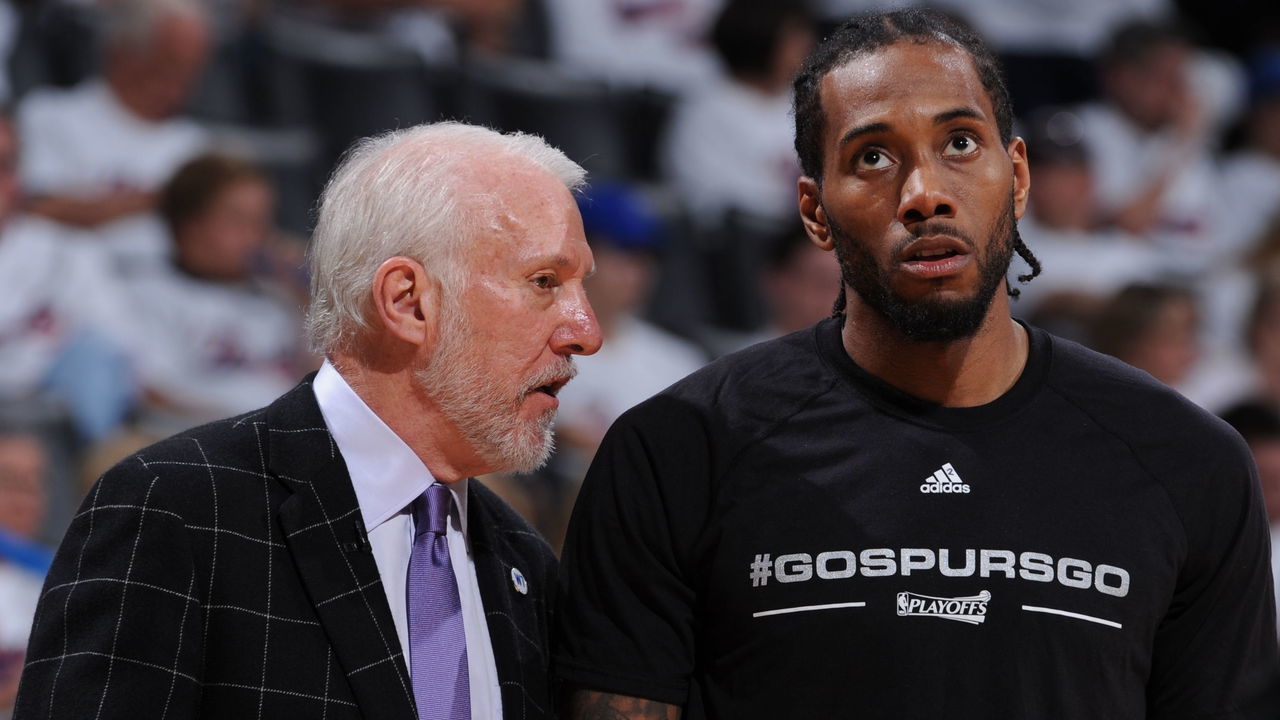 SSAN ANTONIO, TX - MAY 6: Gregg Popovich coaches Kawhi Leonard #2 of the San Antonio Spurs during the game against the Oklahoma City Thunder in Game Three of the Western Conference Semifinals of the 2016 NBA Playoffs on May 6, 2016 at the AT&T Center in San Antonio, Texas. Mandatory Copyright Notice: Copyright 2016 NBAE