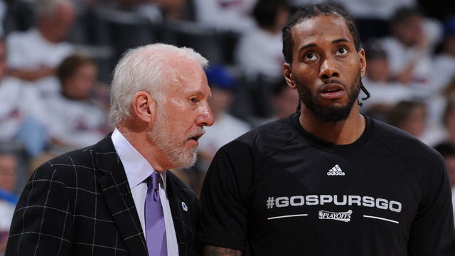 SSAN ANTONIO, TX - MAY 6: Gregg Popovich coaches Kawhi Leonard #2 of the San Antonio Spurs during the game against the Oklahoma City Thunder in Game Three of the Western Conference Semifinals of the 2016 NBA Playoffs on May 6, 2016 at the AT&T Center in San Antonio, Texas. Mandatory Copyright Notice: Copyright 2016 NBAE