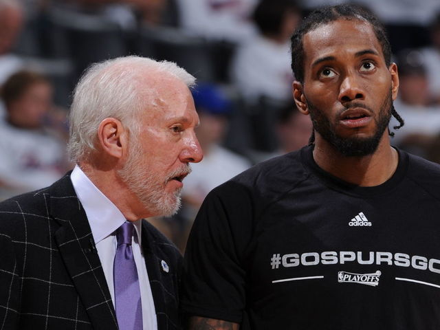 SSAN ANTONIO, TX - MAY 6: Gregg Popovich coaches Kawhi Leonard #2 of the San Antonio Spurs during the game against the Oklahoma City Thunder in Game Three of the Western Conference Semifinals of the 2016 NBA Playoffs on May 6, 2016 at the AT&T Center in San Antonio, Texas. Mandatory Copyright Notice: Copyright 2016 NBAE