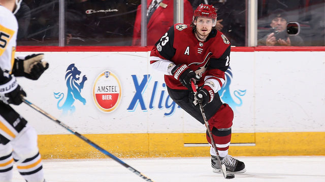 GLENDALE, AZ - DECEMBER 16: Oliver Ekman-Larsson #23 of the Arizona Coyotes skates with the puck during the third period of the NHL game against the Pittsburgh Penguins at Gila River Arena on December 16, 2017 in Glendale, Arizona. The Penguins defeated the Coyotes 4-2.