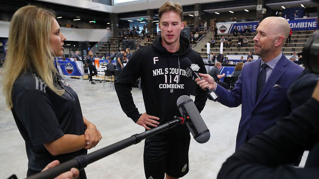BUFFALO, NY - JUNE 2: Andrei Svechnikov is interviewed by Brian Duff during the NHL Scouting Combine on June 2, 2018 at HarborCenter in Buffalo, New York.