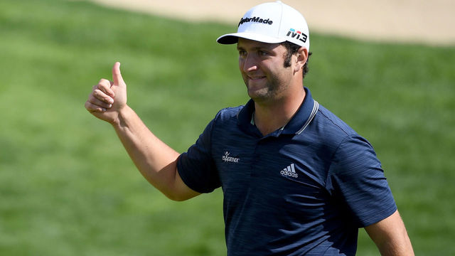 MADRID, SPAIN - APRIL 14: Jon Rahm of Spain on the 18th green during the third round of the Open de Espana at Centro Nacional de Golf on April 14, 2018 in Madrid, Spain.