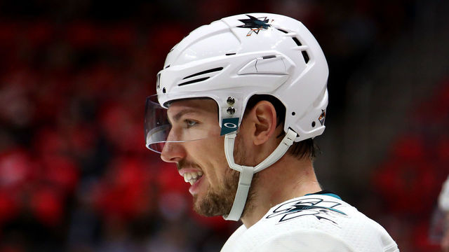 DETROIT, MI - JANUARY 31: Logan Couture #39 of the San Jose Sharks loos on while playing the Detroit Red Wings during the third period at Little Caesars Arena on January 31, 2018 in Detroit, Michigan. Detroit won the game 2-1 in a shootout.