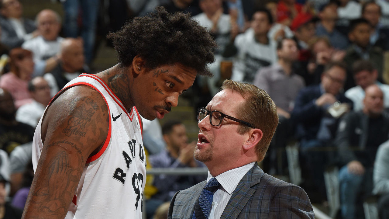 TORONTO, CANADA - APRIL 17: Lucas Nogueira #92 and Assistant Coach Nick Nurse speak during the game against the Washington Wizards in Game Two of Round One of the 2018 NBA Playoffs on April 17, 2018 at the Air Canada Centre in Toronto, Ontario, Canada. Mandatory Copyright Notice: Copyright 2018 NBAE