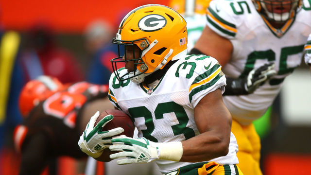 CLEVELAND, OH - DECEMBER 10: Aaron Jones #33 of the Green Bay Packers runs the ball in the second quarter against the Cleveland Browns at FirstEnergy Stadium on December 10, 2017 in Cleveland, Ohio.