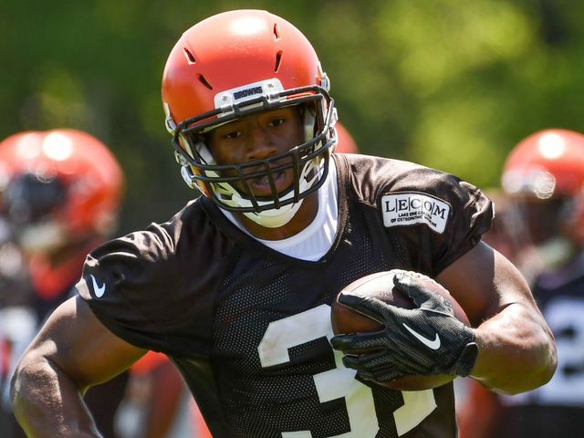 BEREA, OH - MAY 23, 2018: Running back Nick Chubb #31 of the Cleveland Browns carries the ball during an OTA practice at the Cleveland Browns training facility in Berea, Ohio. (Photo by: 2018 Diamond Images/Getty Images)