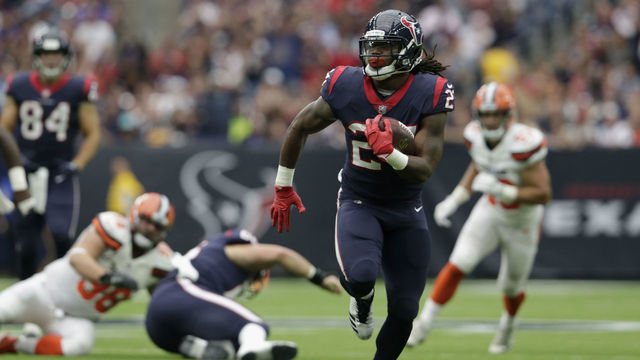 HOUSTON, TX - OCTOBER 15: D'Onta Foreman #27 of the Houston Texans runs the ball in the second quarter against the Cleveland Browns at NRG Stadium on October 15, 2017 in Houston, Texas.