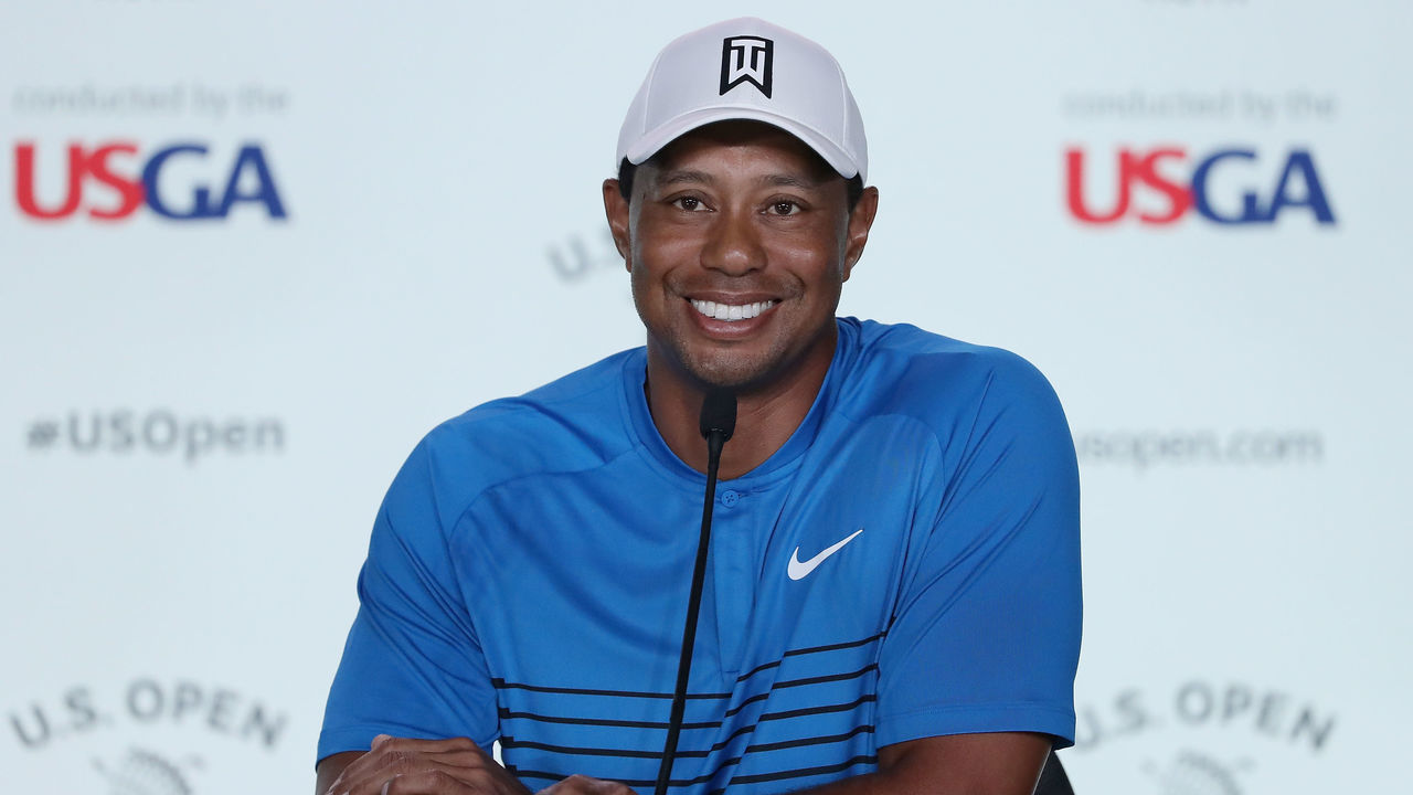 SOUTHAMPTON, NY - JUNE 12: Tiger Woods of the United States is interviewed during a press conference prior to the 2018 U.S. Open at Shinnecock Hills Golf Club on June 12, 2018 in Southampton, New York.