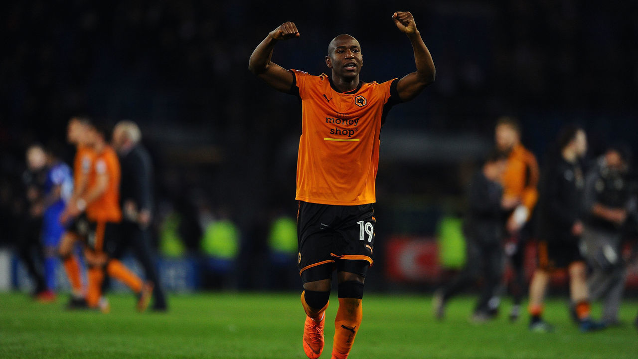 CARDIFF, WALES - APRIL 06: Benik Afobe of Wolverhampton Wanderers celebrates victory during the Sky Bet Championship match between Cardiff City and Wolverhampton Wanderers at the Cardiff City Stadium on April 6, 2018 in Cardiff, Wales.