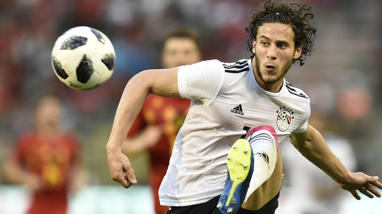 Egypt's midfielder Ramadan Sobhi eyes the ball as he controls it during the international friendly football match between Belgium and Egypt at the King Baudouin Stadium, in Brussels, on June 6, 2018.