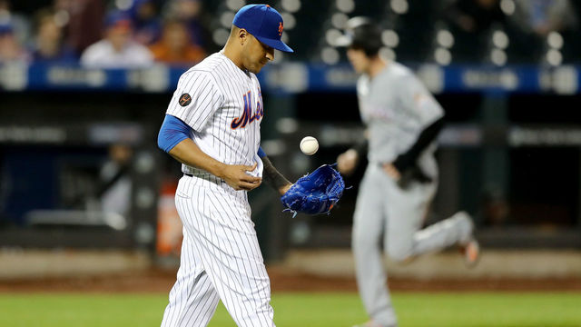 NEW YORK, NY - MAY 22: AJ Ramos #44 of the New York Mets reacts after giving up a two run home run to Derek Dietrich of the Miami Marlins in the eighth inning at Citi Field on May 22, 2018 in the Flushing neighborhood of the Queens borough of New York City.
