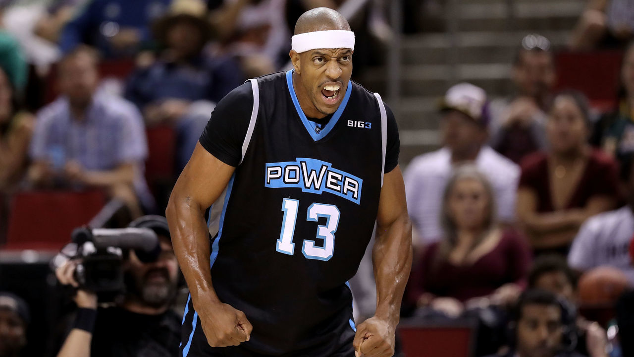 SEATTLE, WA - AUGUST 20: Jerome Williams #13 of the Power yells during the game against the 3 Headed Monsters in week nine of the BIG3 three-on-three basketball league at KeyArena on August 20, 2017 in Seattle, Washington.