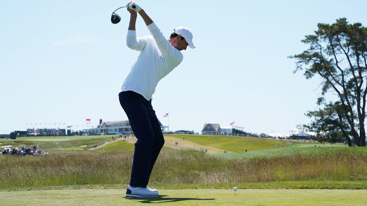 SOUTHAMPTON, NY - JUNE 12: Stewart Hagestad of the United States plays his shot from the ninth tee during a practice round prior to the 2018 U.S. Open at Shinnecock Hills Golf Club on June 12, 2018 in Southampton, New York.
