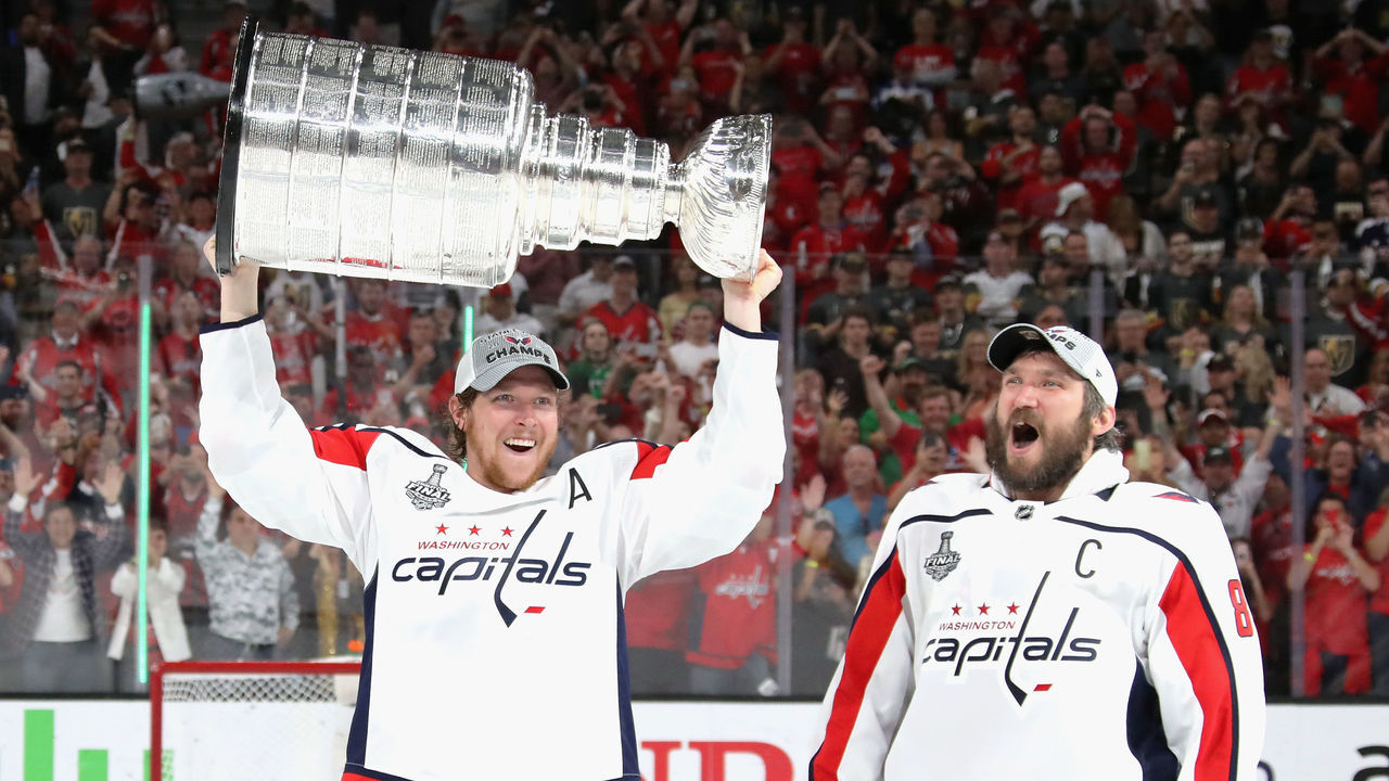 LAS VEGAS, NV - JUNE 07: (l-r) Nicklas Backstrom #19 and Alex Ovechkin #8 of the Washington Capitals skate in celebration after their team defeated the Vegas Golden Knights 4-3 in Game Five of the 2018 NHL Stanley Cup Final at the T-Mobile Arena on June 7, 2018 in Las Vegas, Nevada.