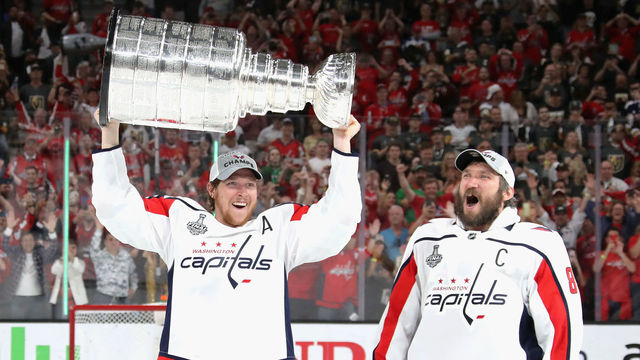 LAS VEGAS, NV - JUNE 07: (l-r) Nicklas Backstrom #19 and Alex Ovechkin #8 of the Washington Capitals skate in celebration after their team defeated the Vegas Golden Knights 4-3 in Game Five of the 2018 NHL Stanley Cup Final at the T-Mobile Arena on June 7, 2018 in Las Vegas, Nevada.