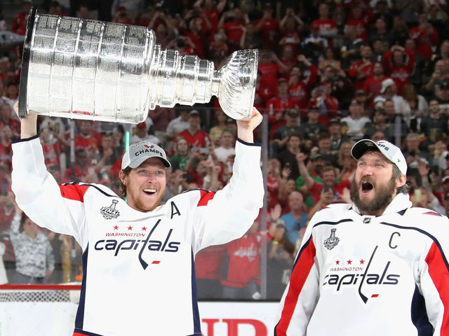 LAS VEGAS, NV - JUNE 07: (l-r) Nicklas Backstrom #19 and Alex Ovechkin #8 of the Washington Capitals skate in celebration after their team defeated the Vegas Golden Knights 4-3 in Game Five of the 2018 NHL Stanley Cup Final at the T-Mobile Arena on June 7, 2018 in Las Vegas, Nevada.