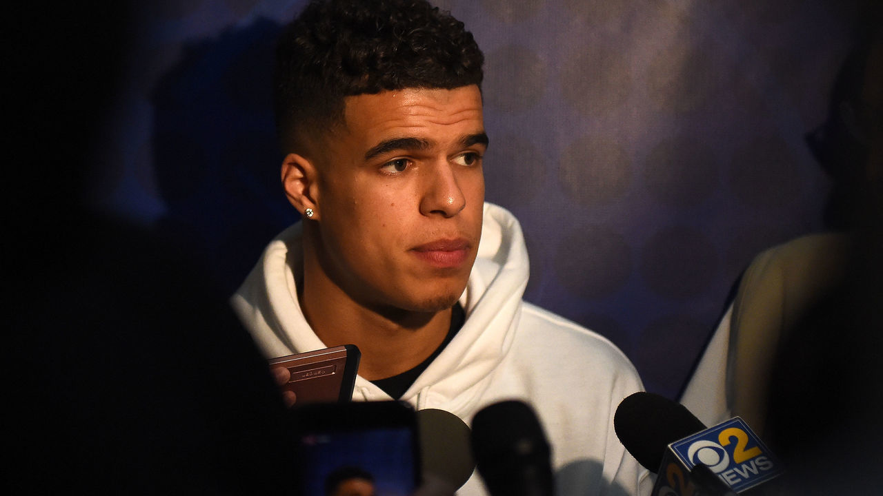 CHICAGO, IL - MAY 17: Michael Porter speaks with reporters during Day One of the NBA Draft Combine at Quest MultiSport Complex on May 17, 2018 in Chicago, Illinois.