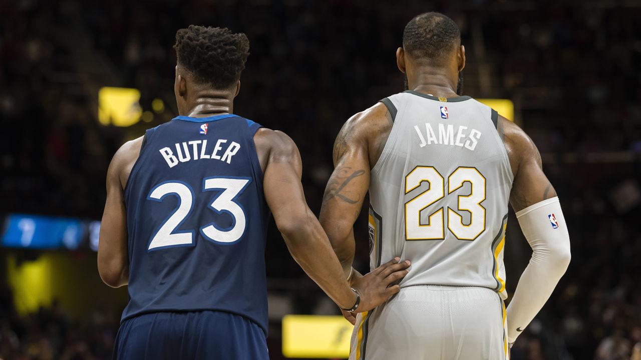 CLEVELAND, OH - FEBRUARY 7: Jimmy Butler #23 of the Minnesota Timberwolves and LeBron James #23 of the Cleveland Cavaliers wait for a play during overtime at Quicken Loans Arena on February 7, 2018 in Cleveland, Ohio. The Cavaliers defeated the Timberwolves 140-138 in overtime.