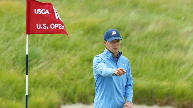SOUTHAMPTON, NY - JUNE 11: Jordan Spieth of the United States reacts on the 18th green during practice rounds prior to the 2018 U.S. Open at Shinnecock Hills Golf Club on June 11, 2018 in Southampton, New York.