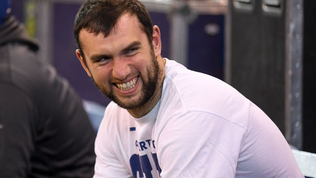 INDIANAPOLIS, IN - DECEMBER 31: Andrew Luck #12 of the Indianapolis Colts laughs on the sideline against the Houston Texans during the second half at Lucas Oil Stadium on December 31, 2017 in Indianapolis, Indiana.