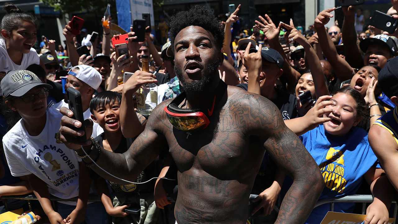 OAKLAND, CA - JUNE 12: Jordan Bell #2 of the Golden State Warriors celebrates during the Golden State Warriors Victory Parade on June 12, 2018 in Oakland, California. The Golden State Warriors beat the Cleveland Cavaliers 4-0 to win the 2018 NBA Finals.