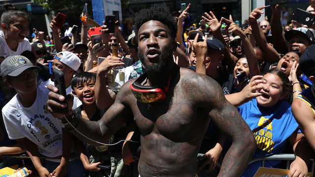 OAKLAND, CA - JUNE 12: Jordan Bell #2 of the Golden State Warriors celebrates during the Golden State Warriors Victory Parade on June 12, 2018 in Oakland, California. The Golden State Warriors beat the Cleveland Cavaliers 4-0 to win the 2018 NBA Finals.