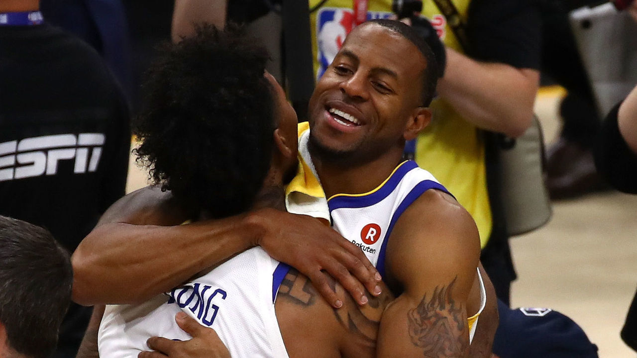 CLEVELAND, OH - JUNE 08: Nick Young #6 and Andre Iguodala #9 of the Golden State Warriors of the Golden State Warriors celebrates after defeating the Cleveland Cavaliers during Game Four of the 2018 NBA Finals at Quicken Loans Arena on June 8, 2018 in Cleveland, Ohio.The Warriors defeated the Cavaliers 108-85 to win the 2018 NBA Finals.