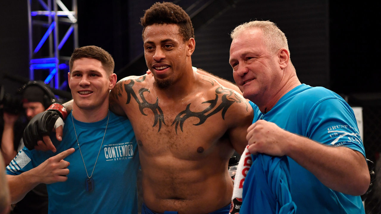 LAS VEGAS, NV - JUNE 12: Greg Hardy celebrates after knocking out Austen Lane in their heavyweight bout during Dana White's Tuesday Night Contender Series at the TUF Gym on June 12, 2018 in Las Vegas, Nevada.