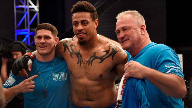 LAS VEGAS, NV - JUNE 12: Greg Hardy celebrates after knocking out Austen Lane in their heavyweight bout during Dana White's Tuesday Night Contender Series at the TUF Gym on June 12, 2018 in Las Vegas, Nevada.