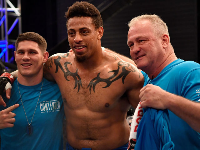 LAS VEGAS, NV - JUNE 12: Greg Hardy celebrates after knocking out Austen Lane in their heavyweight bout during Dana White's Tuesday Night Contender Series at the TUF Gym on June 12, 2018 in Las Vegas, Nevada.
