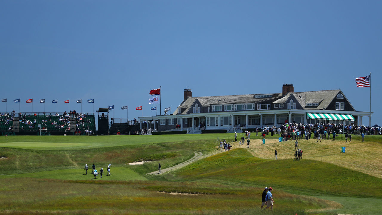 SOUTHAMPTON, NY - JUNE 12: A general view of the clubhouse and ninth hole is seen during a practice round prior to the 2018 U.S. Open at Shinnecock Hills Golf Club on June 12, 2018 in Southampton, New York.