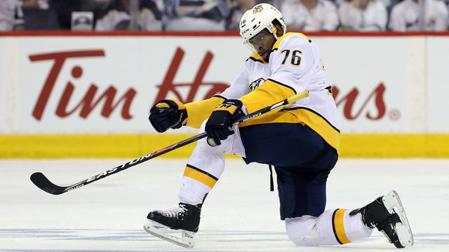 WINNIPEG, MANITOBA - MAY 3: P.K. Subban #76 of the Nashville Predators celebrates his goal against the Winnipeg Jets in Game Four of the Western Conference Second Round during the 2018 NHL Stanley Cup Playoffs on May 3, 2018 at Bell MTS Place in Winnipeg, Manitoba, Canada.