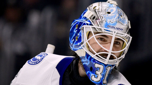 LOS ANGELES, CA - NOVEMBER 09: Peter Budaj #31 of the Tampa Bay Lightning in goal against the Los Angeles Kings at Staples Center on November 9, 2017 in Los Angeles, California.