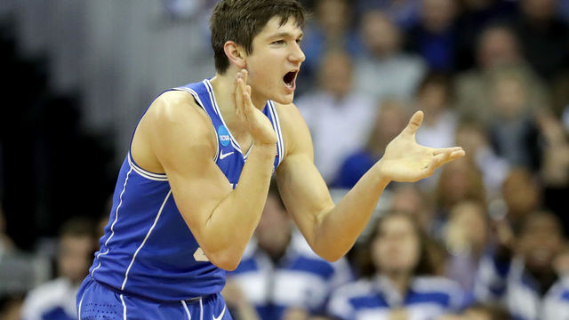 OMAHA, NE - MARCH 25: Grayson Allen #3 of the Duke Blue Devils reacts against the Kansas Jayhawks during the first half in the 2018 NCAA Men's Basketball Tournament Midwest Regional at CenturyLink Center on March 25, 2018 in Omaha, Nebraska.