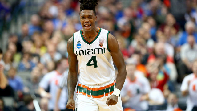 DALLAS, TX - MARCH 15: Lonnie Walker IV #4 of the Miami Hurricanes reacts in the second half while taking on the Loyola Ramblers in the first round of the 2018 NCAA Men's Basketball Tournament at American Airlines Center on March 15, 2018 in Dallas, Texas.