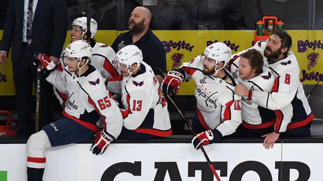 LAS VEGAS, NV - JUNE 07: (L-R) Andre Burakovsky #65, T.J. Oshie #77, Jakub Vrana #13, Chandler Stephenson #18, Nicklas Backstrom #19 and Alex Ovechkin #8 of the Washington Capitals watch the final seconds of Game Five of the 2018 NHL Stanley Cup Final tick off the clock as they wait to jump the boards to celebrate their 4-3 win over the Vegas Golden Knights at T-Mobile Arena on June 7, 2018 in Las Vegas, Nevada.
