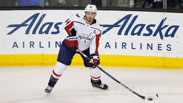 SAN JOSE, CA - MARCH 10: Brooks Orpik #44 of the Washington Capitals looks to pass the puck in the second period against the San Jose Sharks at SAP Center on March 10, 2018 in San Jose, California.