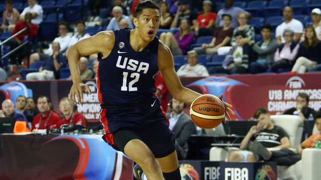 ST CATHARINES, ON - JUNE 12: Kamaka Hepa #12 of the United States dribbles the ball during the first half of a FIBA U18 Americas Championship group phase game against Puerto Rico at the Meridian Centre on June 12, 2018 in St. Catharines, Canada.