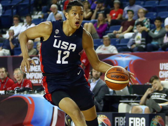 ST CATHARINES, ON - JUNE 12: Kamaka Hepa #12 of the United States dribbles the ball during the first half of a FIBA U18 Americas Championship group phase game against Puerto Rico at the Meridian Centre on June 12, 2018 in St. Catharines, Canada.