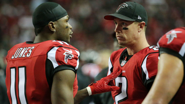 ATLANTA, GA - JANUARY 01: Matt Ryan #2 talks to Julio Jones #11 of the Atlanta Falcons on the sidelines during the first half against the New Orleans Saints at the Georgia Dome on January 1, 2017 in Atlanta, Georgia.