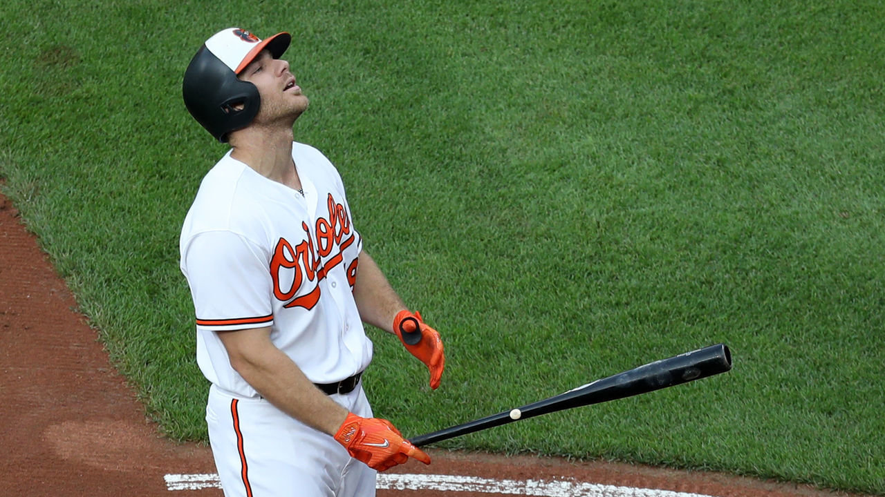 BALTIMORE, MD - MAY 29: Chris Davis #19 of the Baltimore Orioles reacts after striking out looking for the third out of the first inning against the Washington Nationals at Oriole Park at Camden Yards on May 29, 2018 in Baltimore, Maryland.