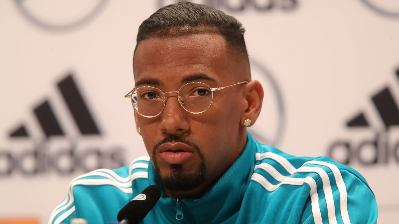 MOSCOW, RUSSIA - JUNE 14: Jerome Boateng of Germany speaks to the media during a press conference during the Germany training session ahead of the 2018 FIFA World Cup at CSKA Sports Base Vatatinki on June 14, 2018 in Moscow, Russia.