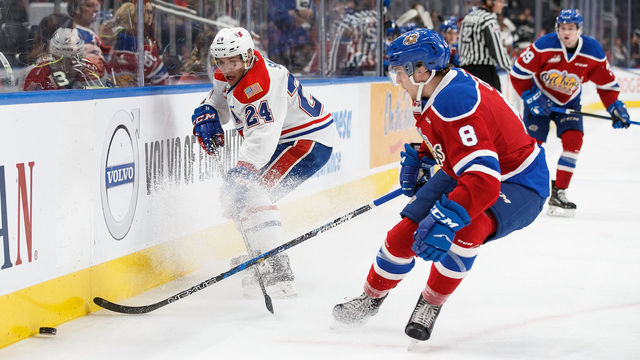 EDMONTON, AB - OCTOBER 22: Ethan Cap #8 of the Edmonton Oil Kings pursues Ty Smith #24 of the Spokane Chiefs at Rogers Place on October 22, 2017 in Edmonton, Canada.