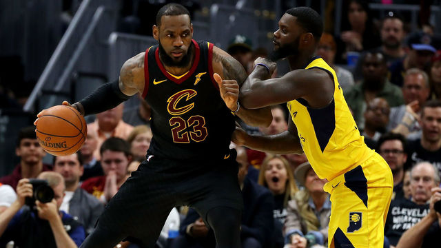 CLEVELAND, OH - APRIL 29: LeBron James #23 of the Cleveland Cavaliers tries to get around Lance Stephenson #1 of the Indiana Pacers during the first half in Game Seven of the Eastern Conference Quarterfinals during the 2018 NBA Playoffs at Quicken Loans Arena on April 29, 2018 in Cleveland, Ohio.