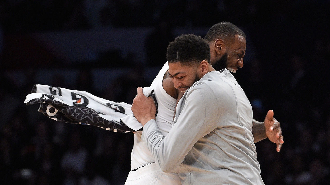 LOS ANGELES, CA - FEBRUARY 18: LeBron James #23 of Team LeBron celebrates with teammate Anthony Davis #23 after the end of the NBA All-Star Game 2018 at Staples Center on February 18, 2018 in Los Angeles, California. Team LeBron won the game 148-145.