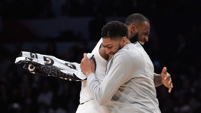 LOS ANGELES, CA - FEBRUARY 18: LeBron James #23 of Team LeBron celebrates with teammate Anthony Davis #23 after the end of the NBA All-Star Game 2018 at Staples Center on February 18, 2018 in Los Angeles, California. Team LeBron won the game 148-145.